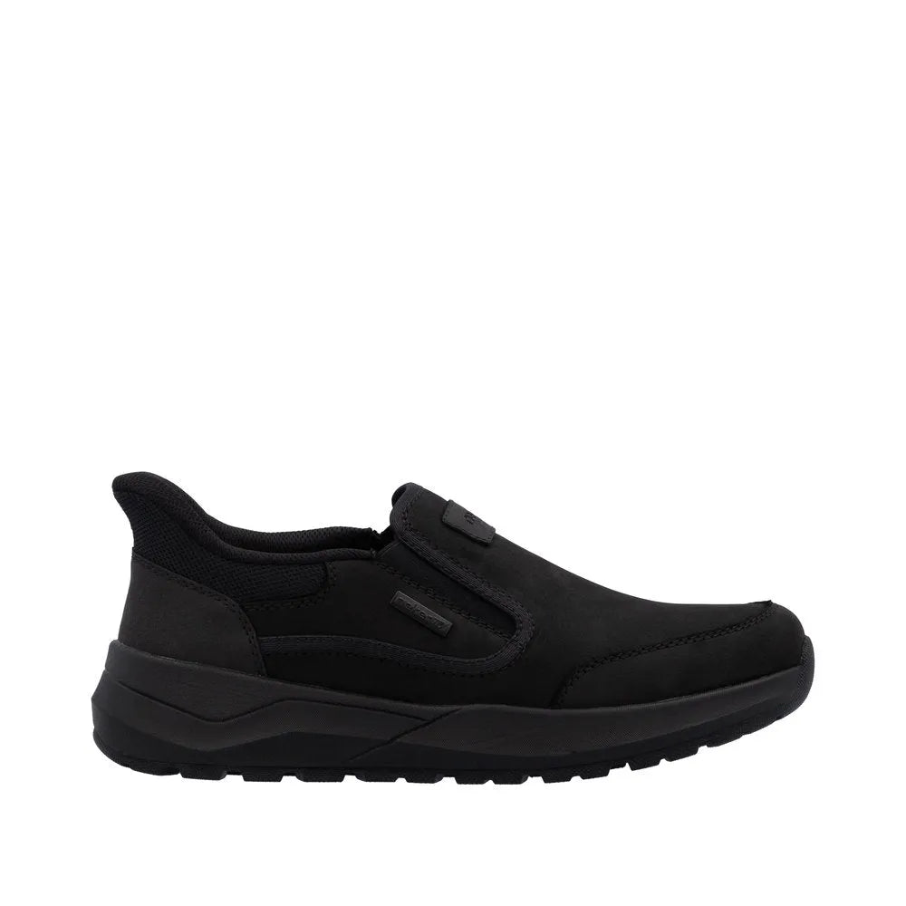 Rieker 06052-00 men's black suede slip-on shoes, water-resistant, cushioned sole, casual style, lightweight, ready2Go collection.