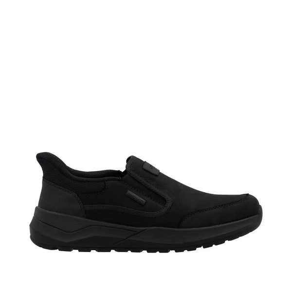Rieker 06052-00 men's black suede slip-on shoes, water-resistant, cushioned sole, casual style, lightweight, ready2Go collection.