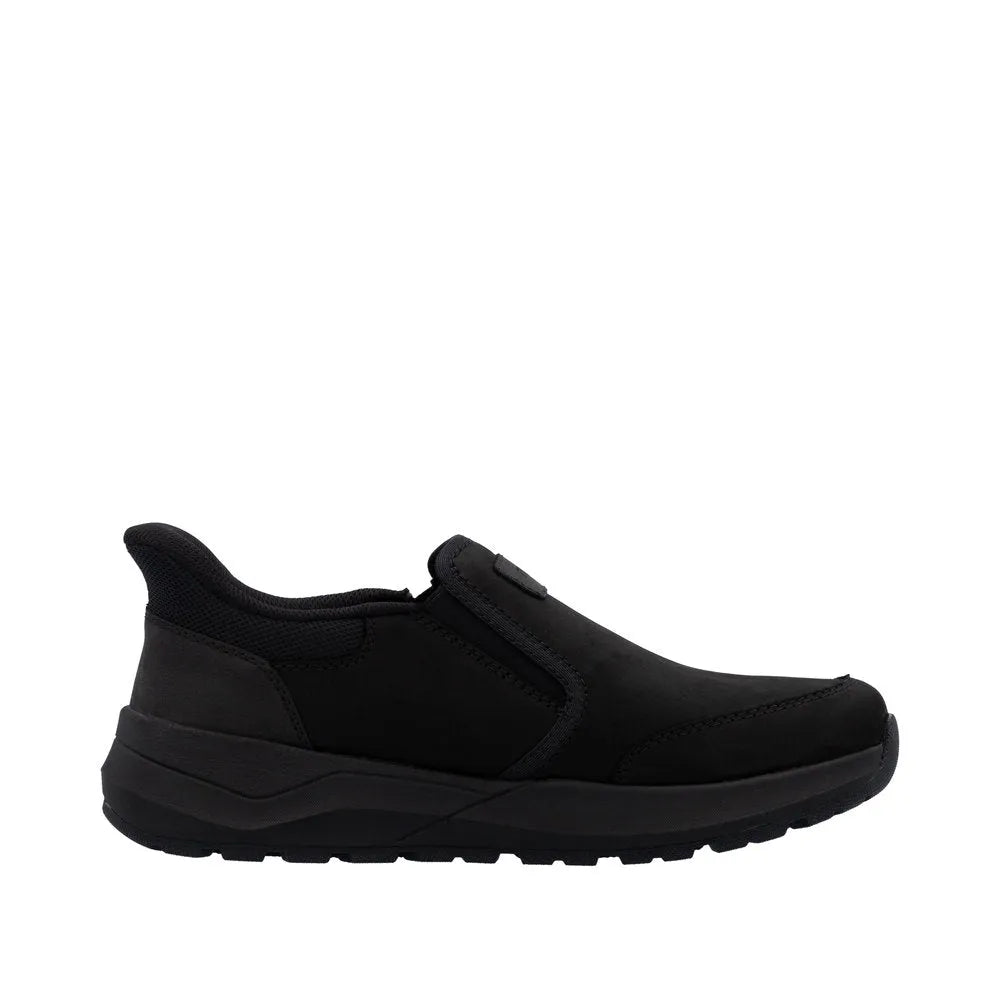 Rieker 06052-00 Men's black suede slip-on water-resistant shoes with cushioned sole and elastic side panels.