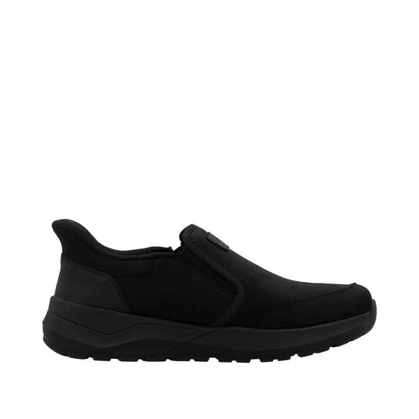 Rieker 06052-00 Men's black suede slip-on water-resistant shoes with cushioned sole and elastic side panels.