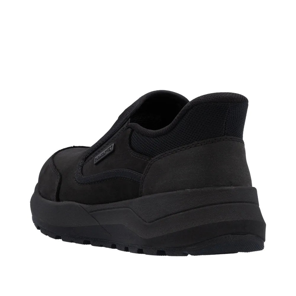 Rieker 06052-00 men's black suede water-resistant slip-on shoes with cushioned sole and slip-on design.