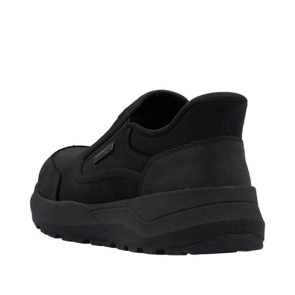 Rieker 06052-00 men's black suede water-resistant slip-on shoes with cushioned sole and slip-on design.