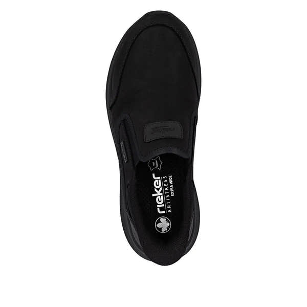 Rieker 06052-00 men's black suede slip-on shoes, water-resistant, extra-wide fit, cushioned insole, AntiStress technology.
