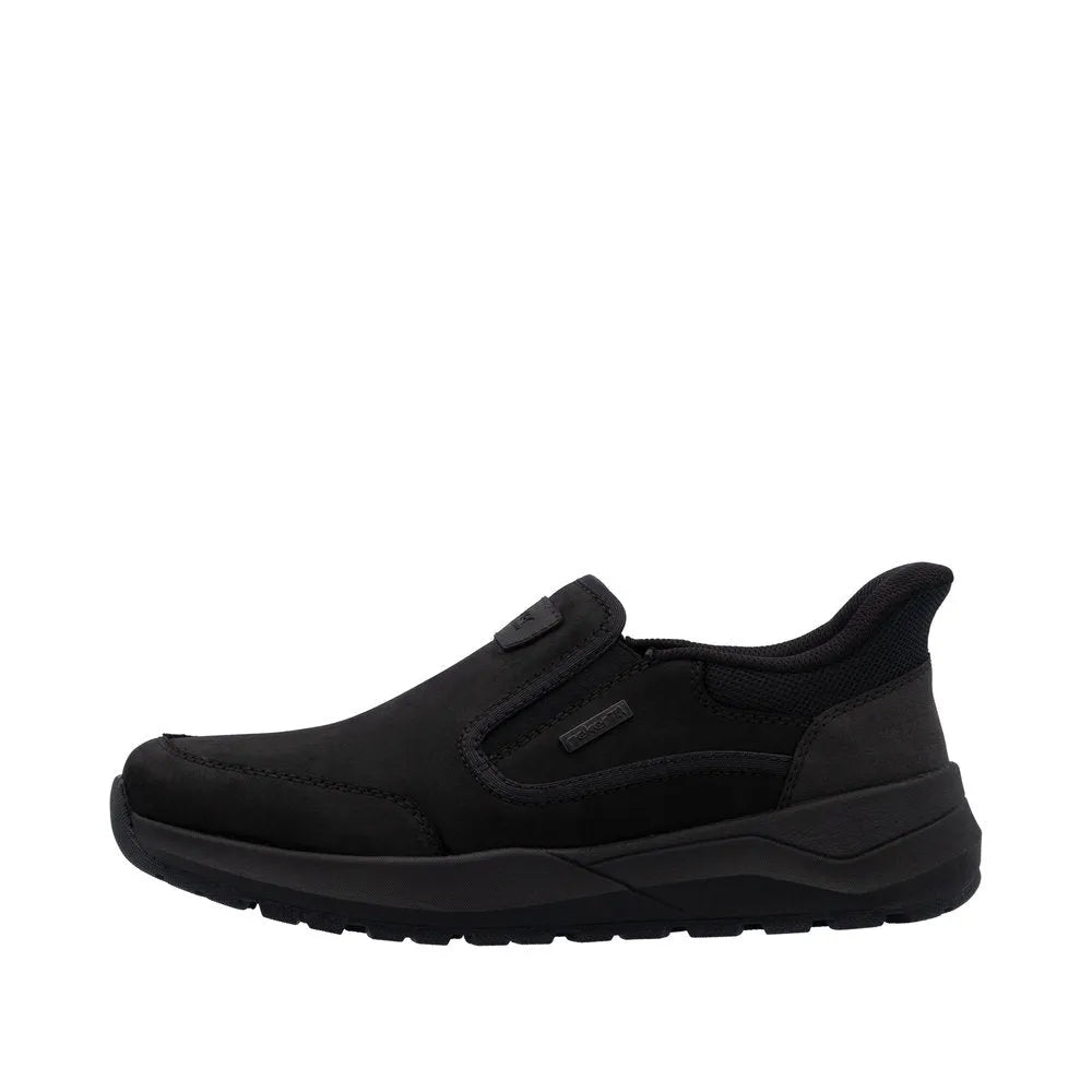 Rieker 06052-00 Men's Black Suede Water-Resistant Slip-On Shoes with cushioned sole.