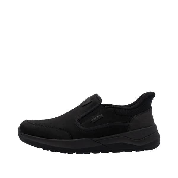 Rieker 06052-00 Men's Black Suede Water-Resistant Slip-On Shoes with cushioned sole.