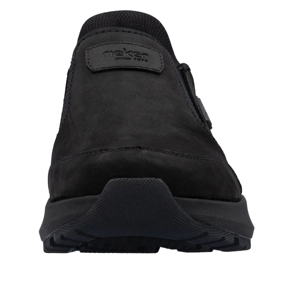 Rieker men's black suede slip-on shoes with water-resistant design and rugged sole, size 6, style 06052-00.