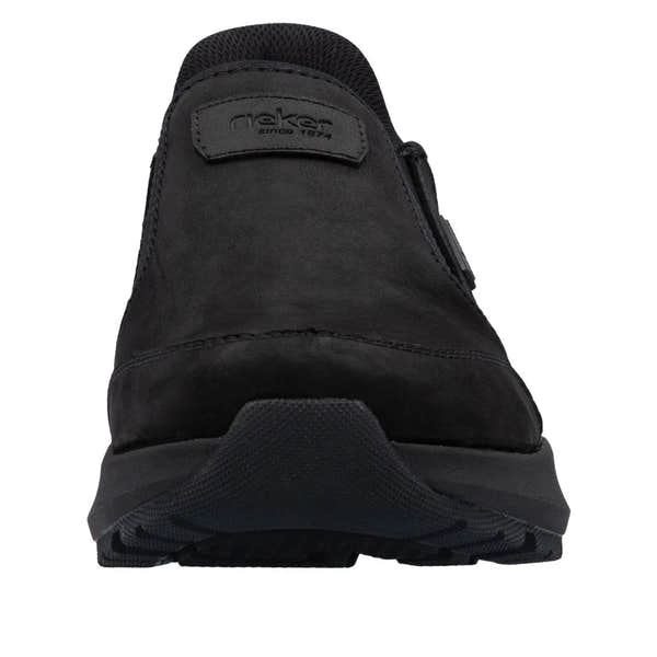 Rieker men's black suede slip-on shoes with water-resistant design and rugged sole, size 6, style 06052-00.