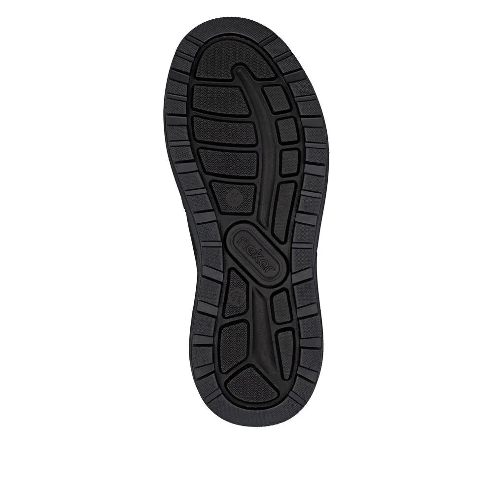 Rieker 06052-00 men's black suede slip-on shoes with water-resistant sole and rugged outsole for comfort and durability.