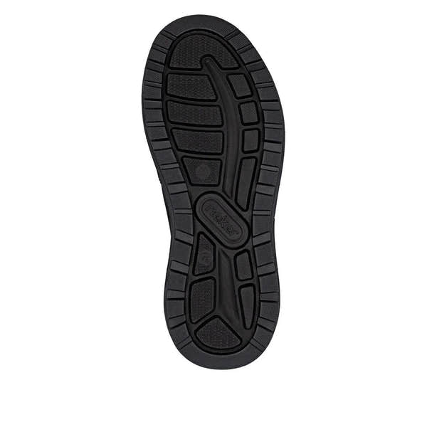 Rieker 06052-00 men's black suede slip-on shoes with water-resistant sole and rugged outsole for comfort and durability.