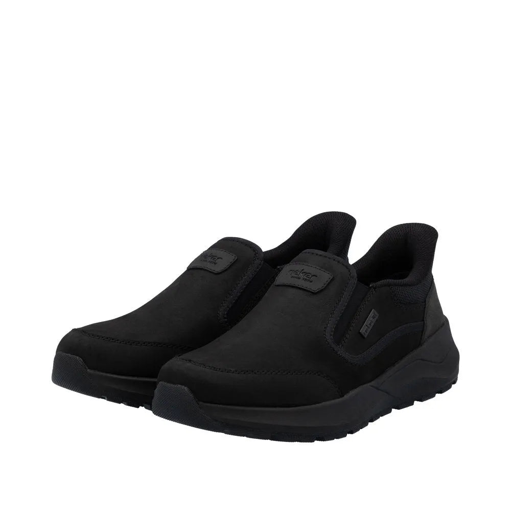 Rieker 06052-00 men's black suede slip-on shoes, water-resistant, comfortable, casual footwear with cushioned interior.