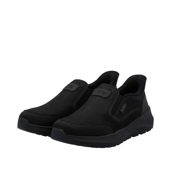 Rieker 06052-00 men's black suede slip-on shoes, water-resistant, comfortable, casual footwear with cushioned interior.