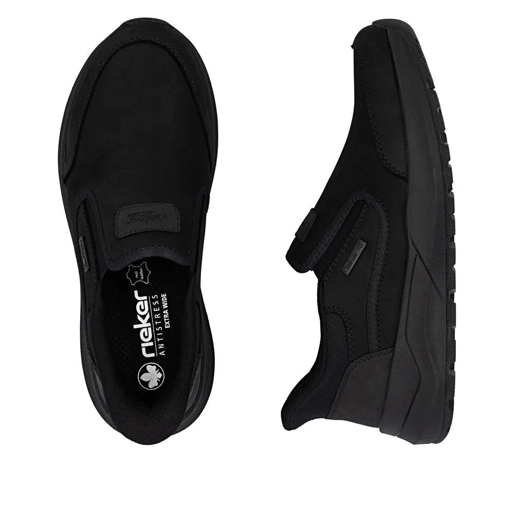 Rieker 06052-00 men's black suede slip-on shoes, water-resistant, anti-stress comfort, lightweight outsole.