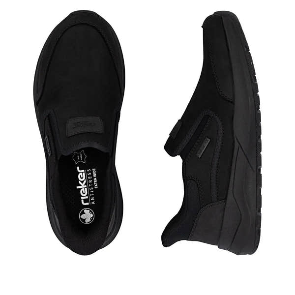 Rieker 06052-00 men's black suede slip-on shoes, water-resistant, anti-stress comfort, lightweight outsole.