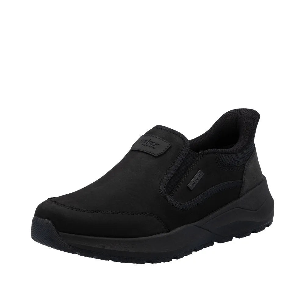 Rieker 06052-00 men's black suede slip-on shoes, water-resistant, cushioned sole, casual comfort footwear.