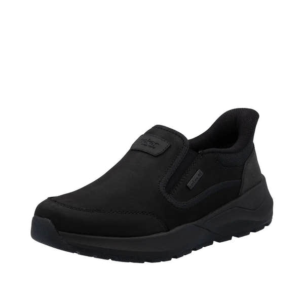 Rieker 06052-00 men's black suede slip-on shoes, water-resistant, cushioned sole, casual comfort footwear.