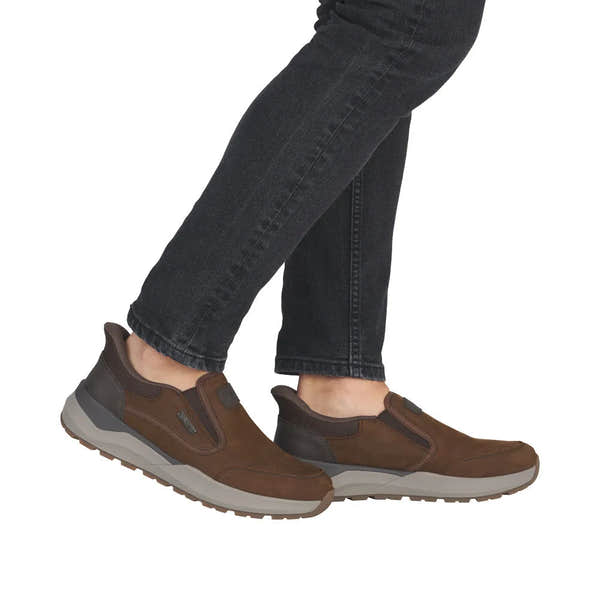 Rieker 06052-22 men's brown suede slip-on shoes with water resistance, athletic sole, casual design, and comfort fit.