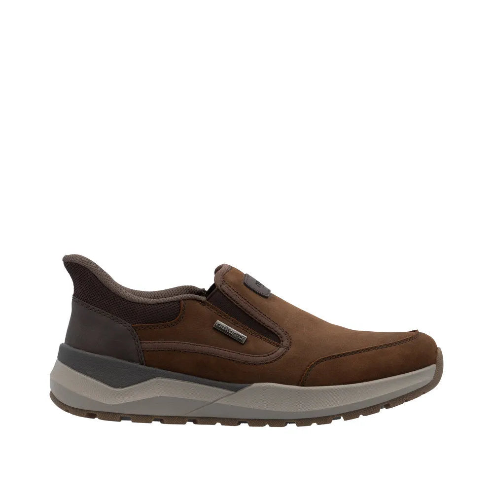 Rieker 06052-22 men's brown suede slip-on shoes with water resistance and Comfort-Memory foam sole.