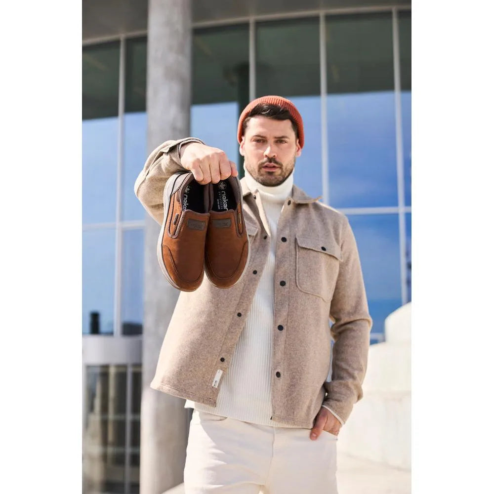 Rieker 06052-22 men's brown suede slip-on shoes, water-resistant, stylish, and comfortable for casual wear.