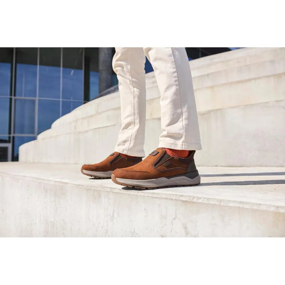 Rieker 06052-22 Men's brown suede water-resistant slip-on shoes, sporty sneaker design with running shoe sole.