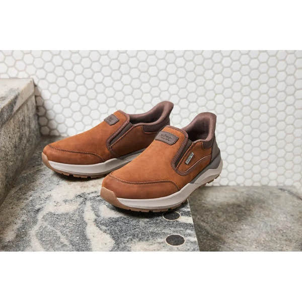 Rieker 06052-22 men's brown suede slip-on shoes, water-resistant, casual athletic style with cushioned insoles.