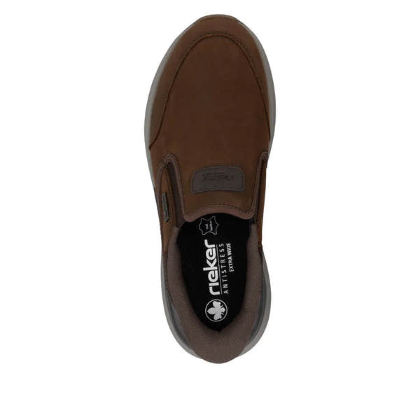 Rieker 06052-22 men's brown suede water-resistant slip-on shoes with anti-slip sole and breathable interior.
