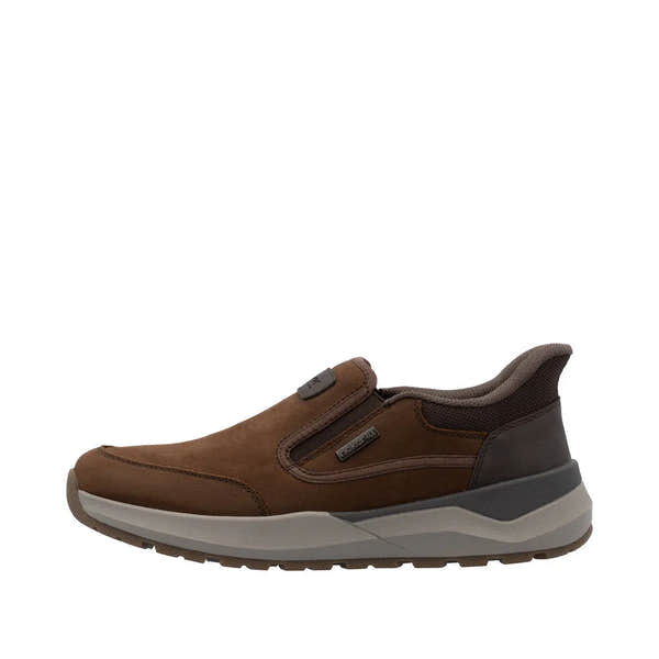 Rieker 06052-22 men's brown suede slip-on shoes, water-resistant, lightweight, with cushioned collar and durable outsole.