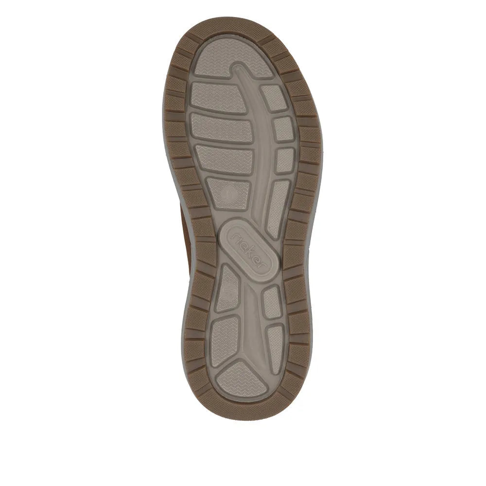Rieker 06052-22 Men's brown suede slip-on shoes, water-resistant with cushioned sole, ergonomic tread.