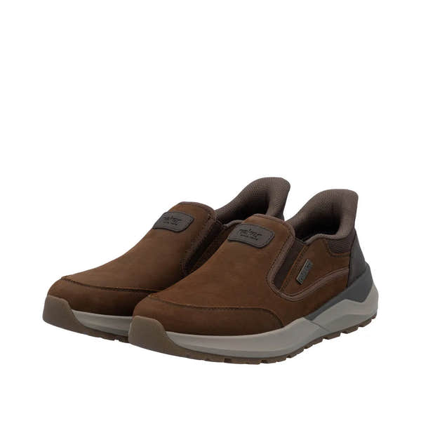Rieker men's brown suede slip-on shoes with water resistance, cushioned interior, and durable sole.