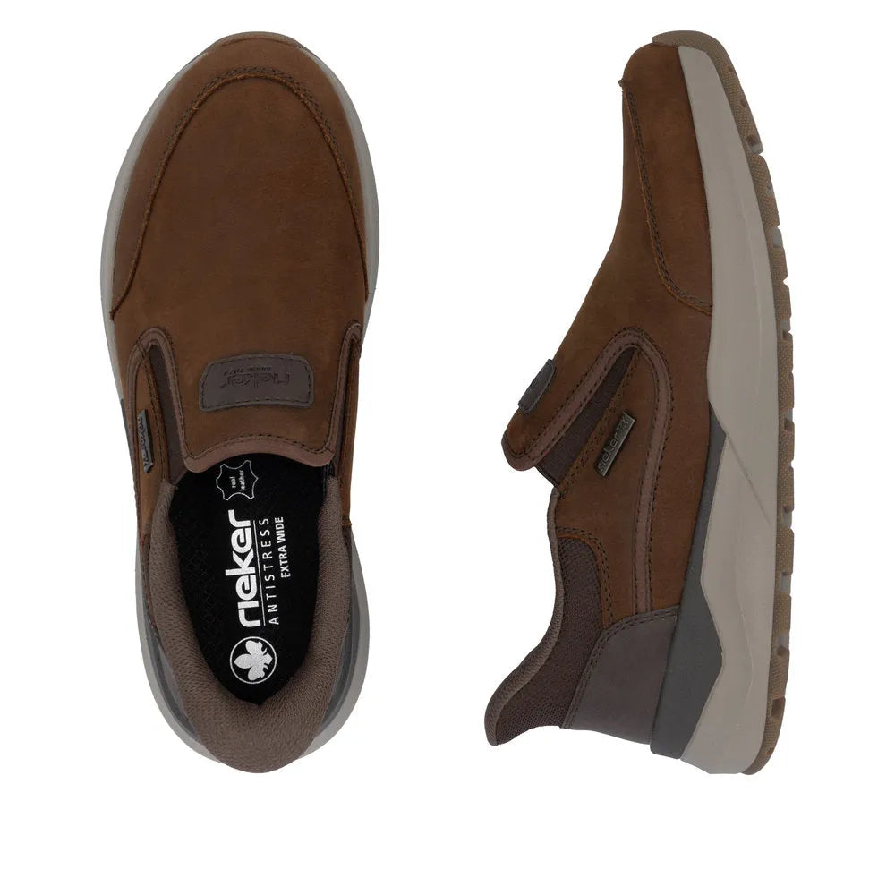 Rieker 06052-22 men's brown suede slip-on shoes with water resistance and cushioned sole.