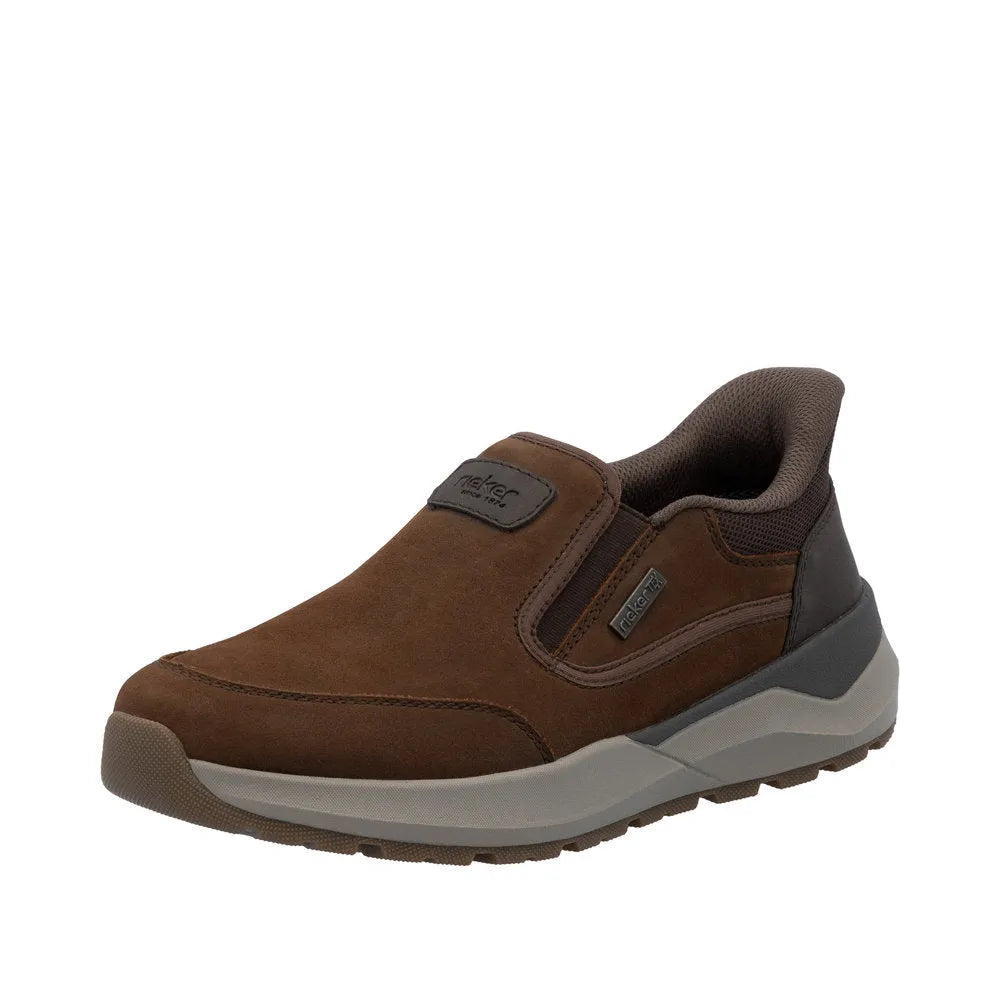 Rieker 06052-22 men's brown suede slip-on shoes, water-resistant with cushioned interior and supportive sole.