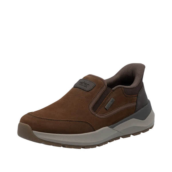 Rieker 06052-22 men's brown suede slip-on shoes, water-resistant with cushioned interior and supportive sole.