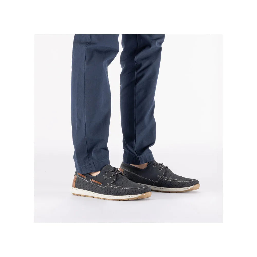 Rieker 08816-14 men's wide Pacific Navy lace-up shoes with perforated design and white rubber sole.