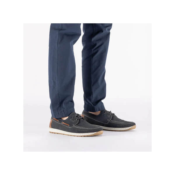 Rieker 08816-14 men's wide Pacific Navy lace-up shoes with perforated design and white rubber sole.
