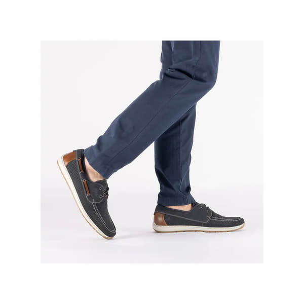 Rieker 08816-14 men's wide Pacific Navy lace-up shoes with brown accents and white soles, casual comfort footwear.