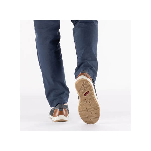 Rieker 08816-14 men's wide Pacific Navy lace-up shoes with brown and gray leather accents and cushioned soles.