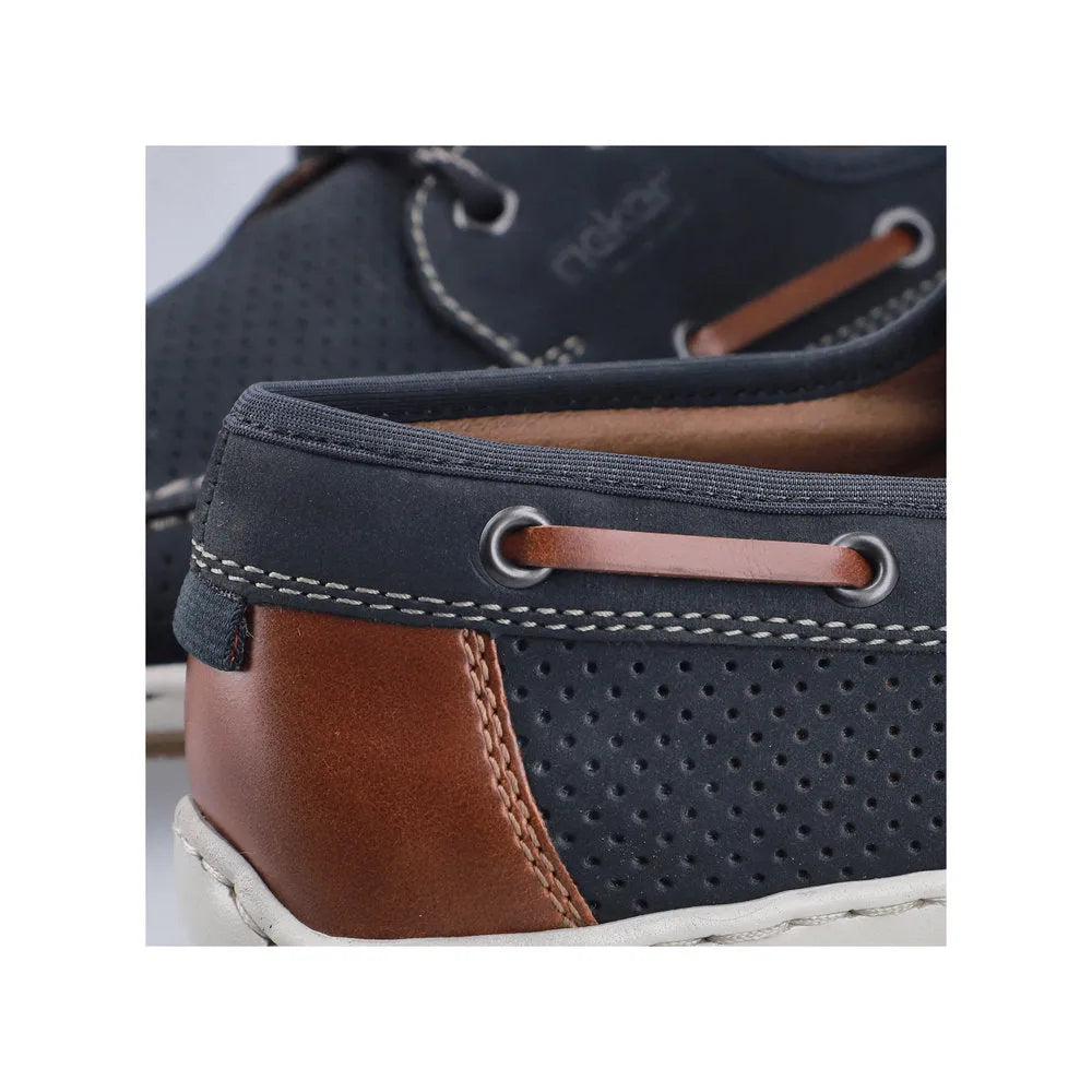 Rieker 08816-14 men's wide Pacific navy lace-up shoes with perforated upper and brown leather accents.