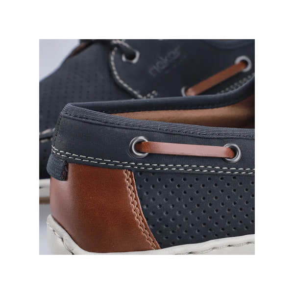 Rieker 08816-14 men's wide Pacific navy lace-up shoes with perforated upper and brown leather accents.