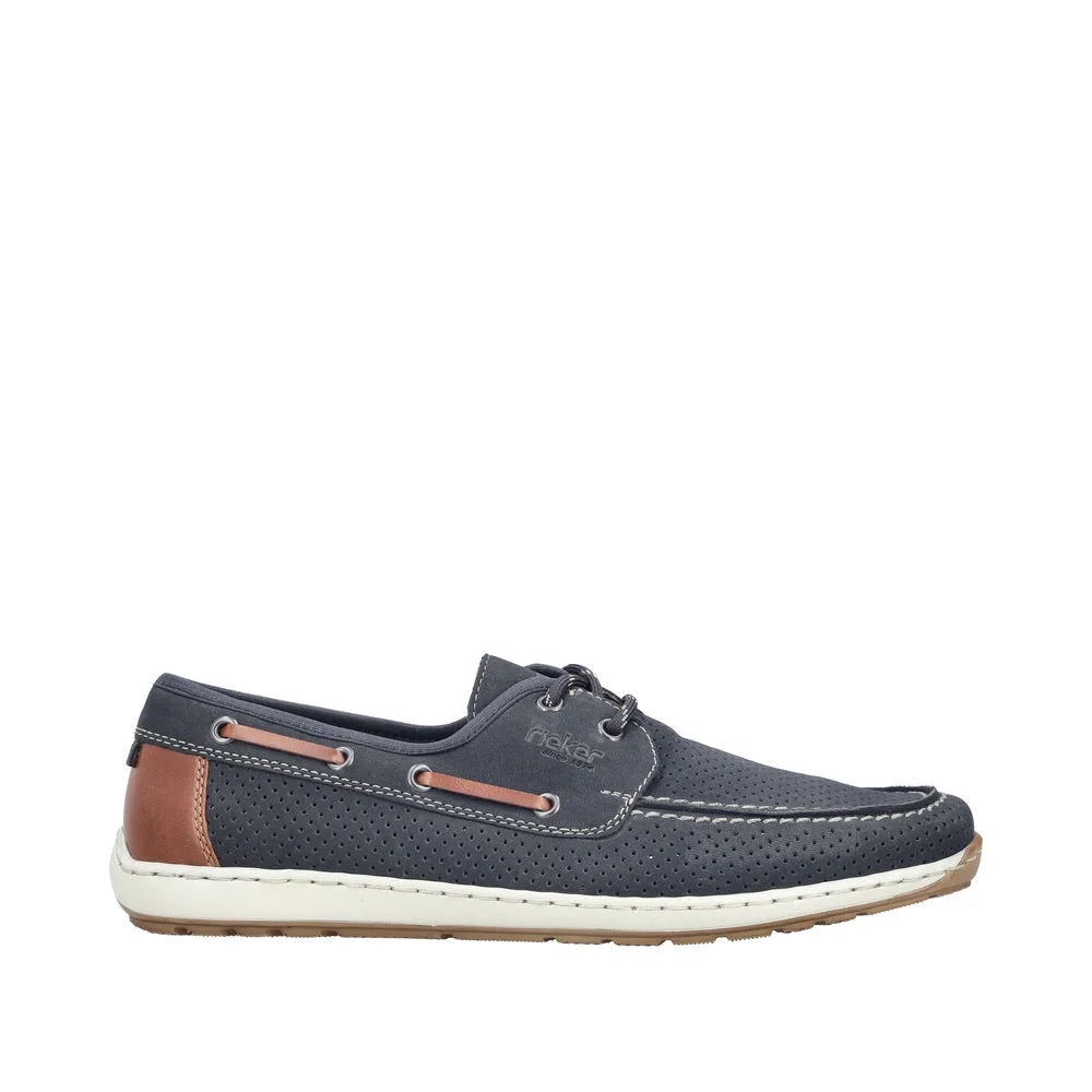 Rieker 08816-14 men's wide Pacific Navy lace-up shoes with perforated design and casual slip-on style.