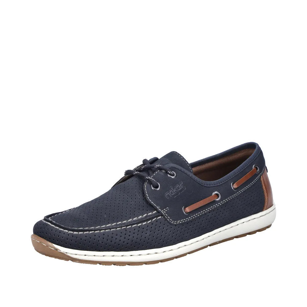 Rieker 08816-14 men's wide Pacific Navy lace-up casual shoes with perforated upper and contrast sole.