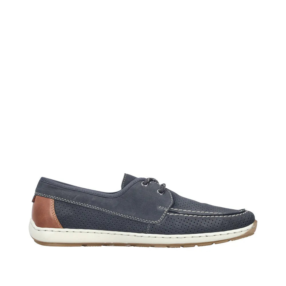 Rieker 08816-14 men's wide Pacific Navy lace-up shoes with perforated upper, white sole, and brown heel detail.