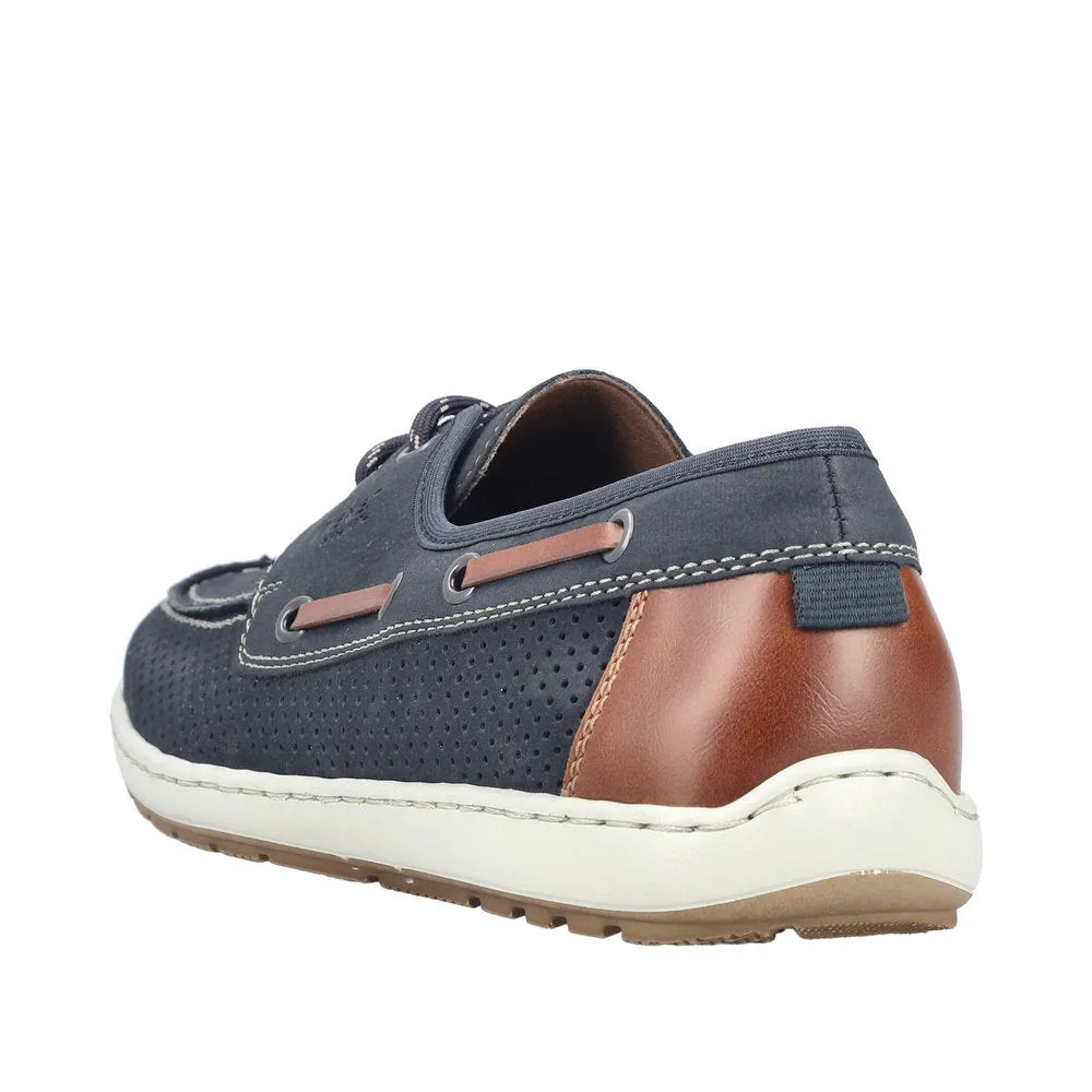 Rieker 08816-14 men's wide navy lace-up shoes with perforated navy upper and brown heel accent, cushioned white sole.