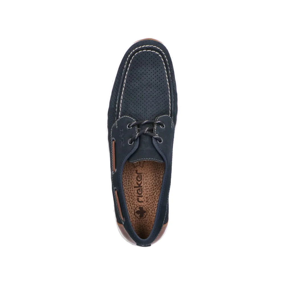 Rieker 08816-14 men's wide Pacific Navy lace-up shoes with perforated top and cushioned insole.