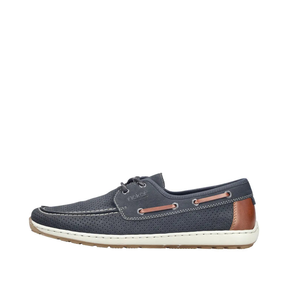 Rieker men's wide-fit navy lace-up boat shoes with perforated upper, brown heel detail, and white sole.
