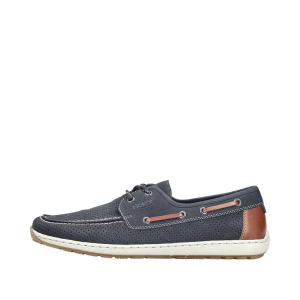 Rieker men's wide-fit navy lace-up boat shoes with perforated upper, brown heel detail, and white sole.