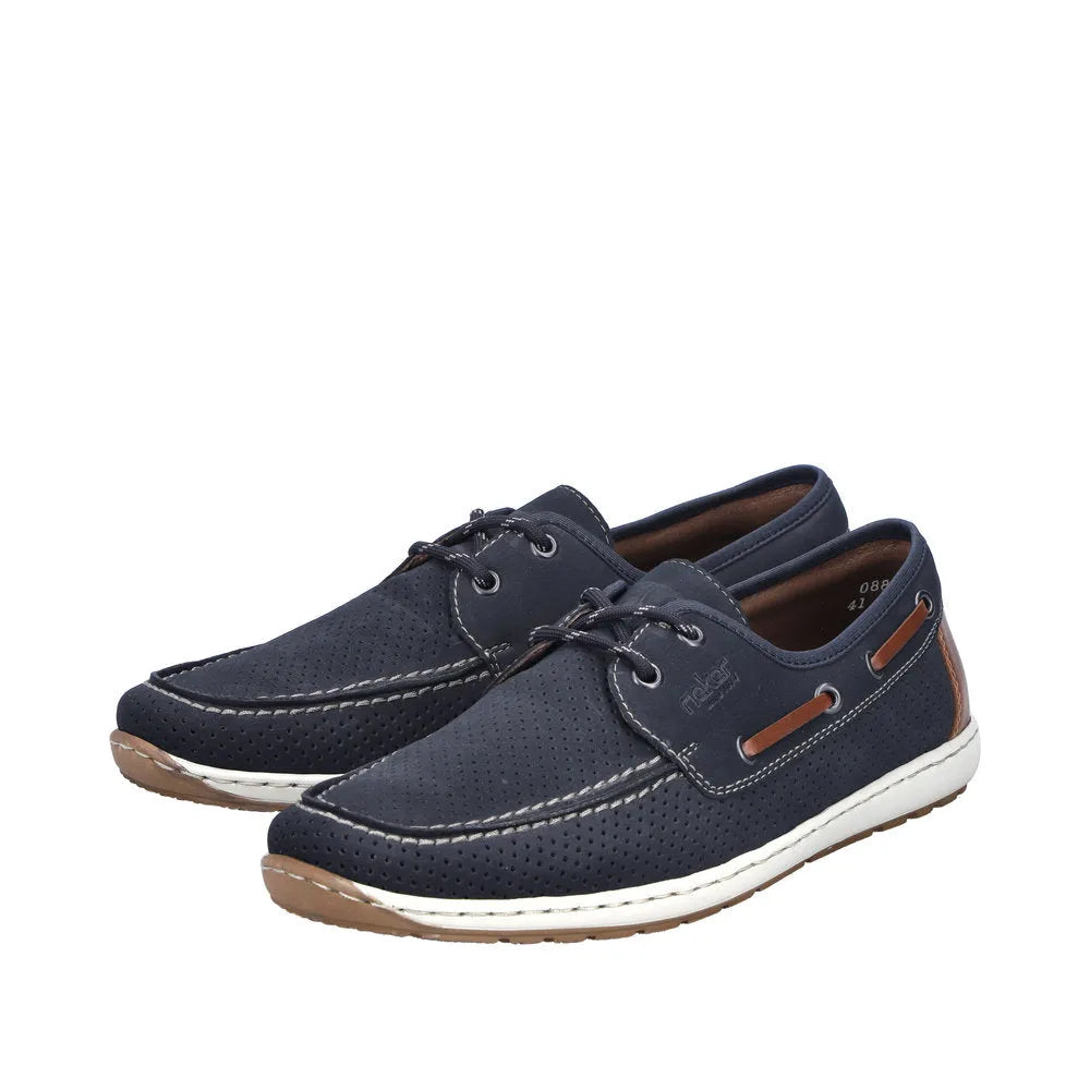 Rieker 08816-14 men's wide navy lace-up casual shoes with perforated upper and white sole.