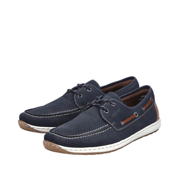Rieker 08816-14 men's wide navy lace-up casual shoes with perforated upper and white sole.