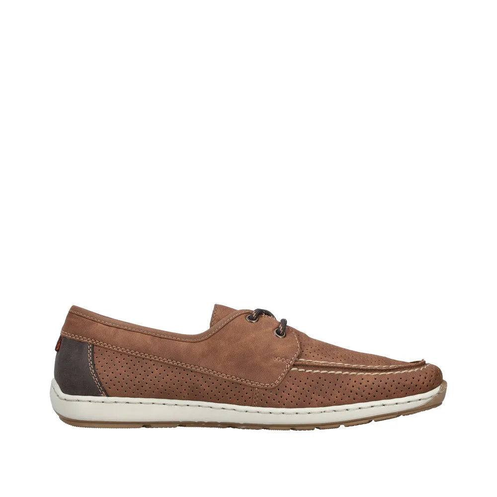 Men's Rieker lace-up shoes in Moro brown, featuring perforated leather, a comfortable design, and a contrasting dark heel.