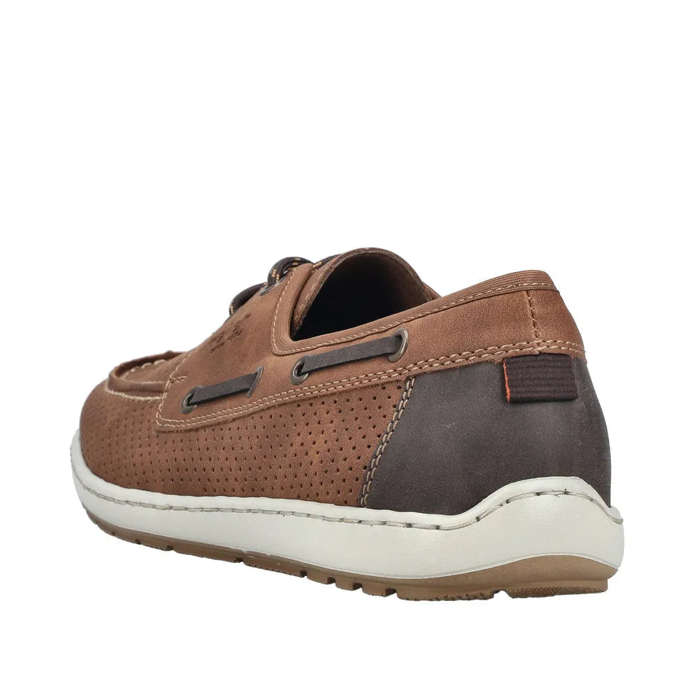 Brown lace-up shoes with perforated leather, contrasting dark accents, and a cushioned sole for comfort.