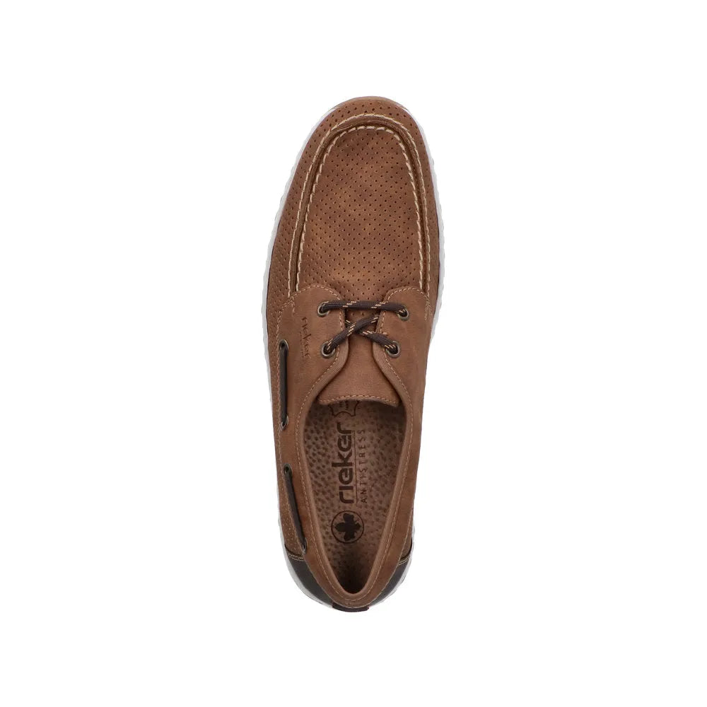Brown lace-up shoes with perforated leather and white sole; designed for comfort and a casual style.