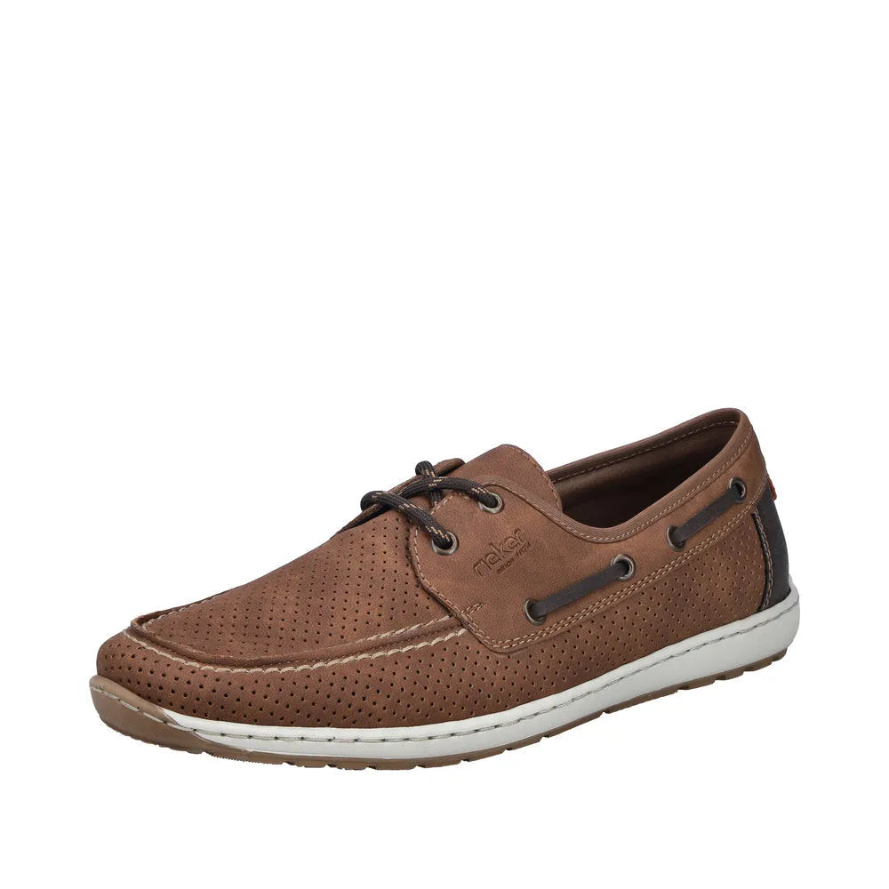 Brown lace-up shoes featuring perforated leather, contrasting dark accents, and a sporty white sole.